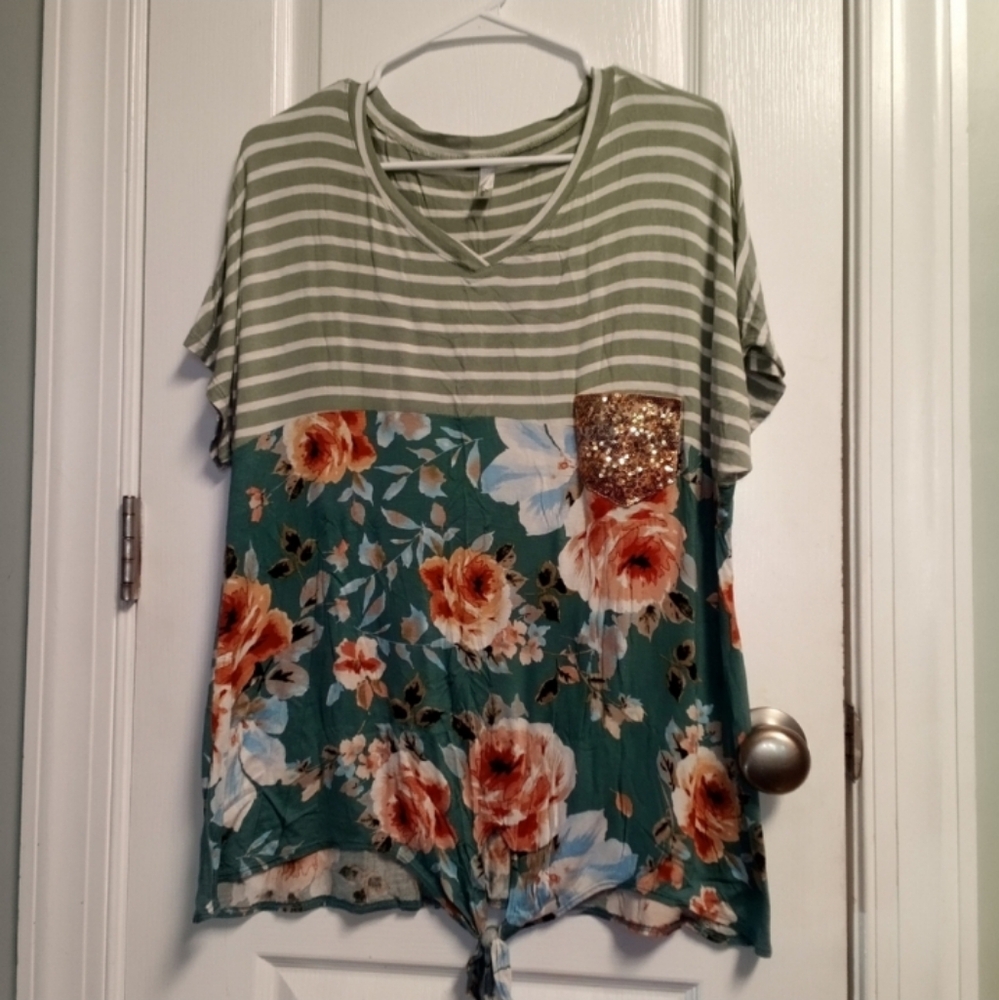 Celeste Green Striped Floral Top with Gold Pocket Women's XL Summer Nautical